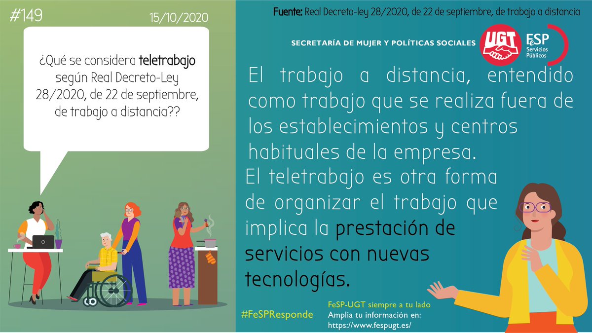 UGT_SP's tweet photo. Vuelven nuestras tarjetas informativas sobre novedades de ámbito laboral.
Hoy hablamos de #teletrabajo, RD-Ley de 22 de septiembre.
▶️¿Es voluntario?
▶️¿Es reversible?
▶️¿Cómo son jornada y horario? https://t.co/pguZ0rSS74