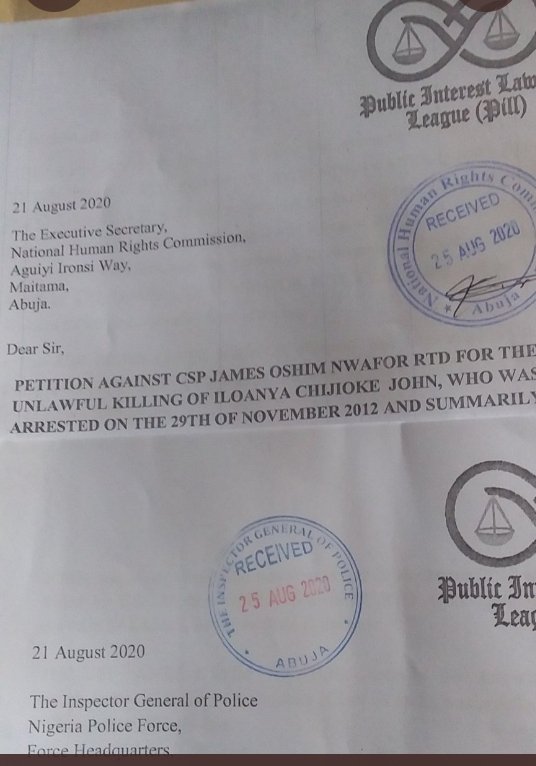 Dear His Excellency  @WillieMObiano, there are two petitions against your SSA Security, Rtrd CSP Nwafor (See attached) before the IGP  @policeng and the NHRC over the extra-judicial killing of Chijioke Iloanya, which he has admitted.