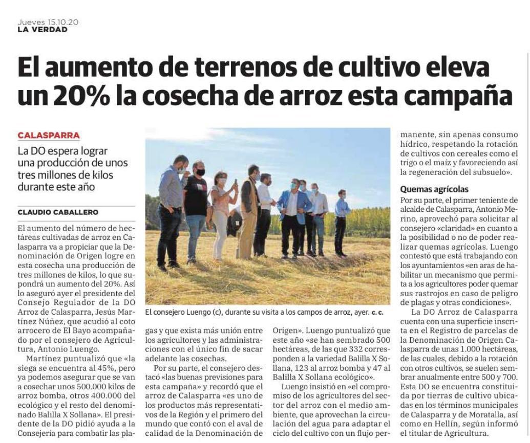 Ayer visitamos los arrozales con <a href="/RM_Agua/">Consejería de Agua, Agricultura, Ganadería y Pesca</a> Antonio Luengo,  el <a href="/AytoCalasparra/">Ayuntamiento de Calasparra</a> y los agricultores. Estamos en plena siega, cada año los #Agricultores logran el milagro. Sacar una cosecha del #MejorArrozdelMundo. #AgriculturaSostenible.