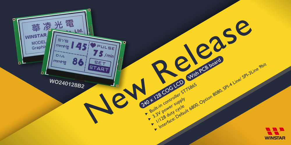 WinstarDisplay's tweet image. New release 240x128 COG #LCD ☛bit.ly/3lQxj6O. This module have been designed circuit layout on PCB board and with screw holes which make modules can be fixed on customers’ applications easily. #displaysolution #coglcd #lcddisplay #technology
