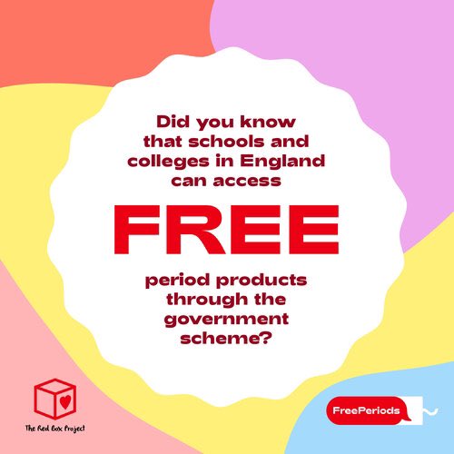 Did you know every school/college in England has access to FREE period products under a Govt scheme? 

Did you know only 40% have signed up so far?

We’re determined to change this! Head to our website for info: redboxproject.org

Pls RT &amp; join the #PeriodRevolution!