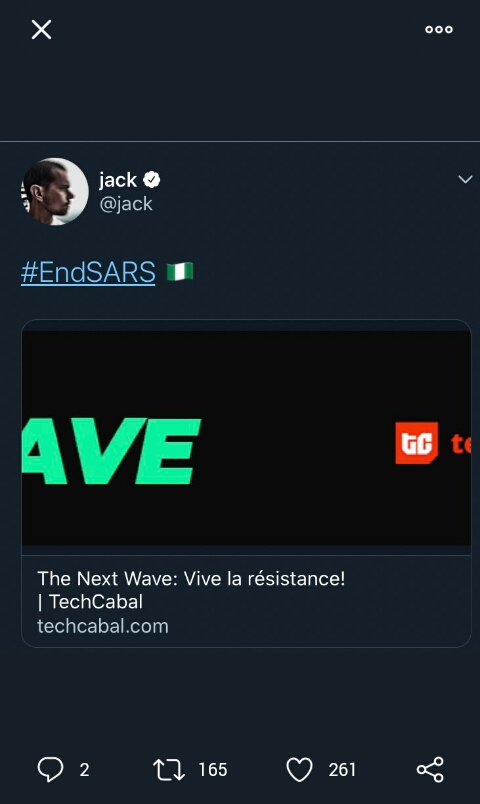 Awtentyq's tweet photo. Just in ❤❤
Jack is with us Twitter CEO 
This Could Be Our Breakthrough🔥🔥💪

Let's #EndSARS #EndSWAT #Anonymous 
#EndPoliceBrutalityinNigeria https://t.co/NxyN8o7nhS