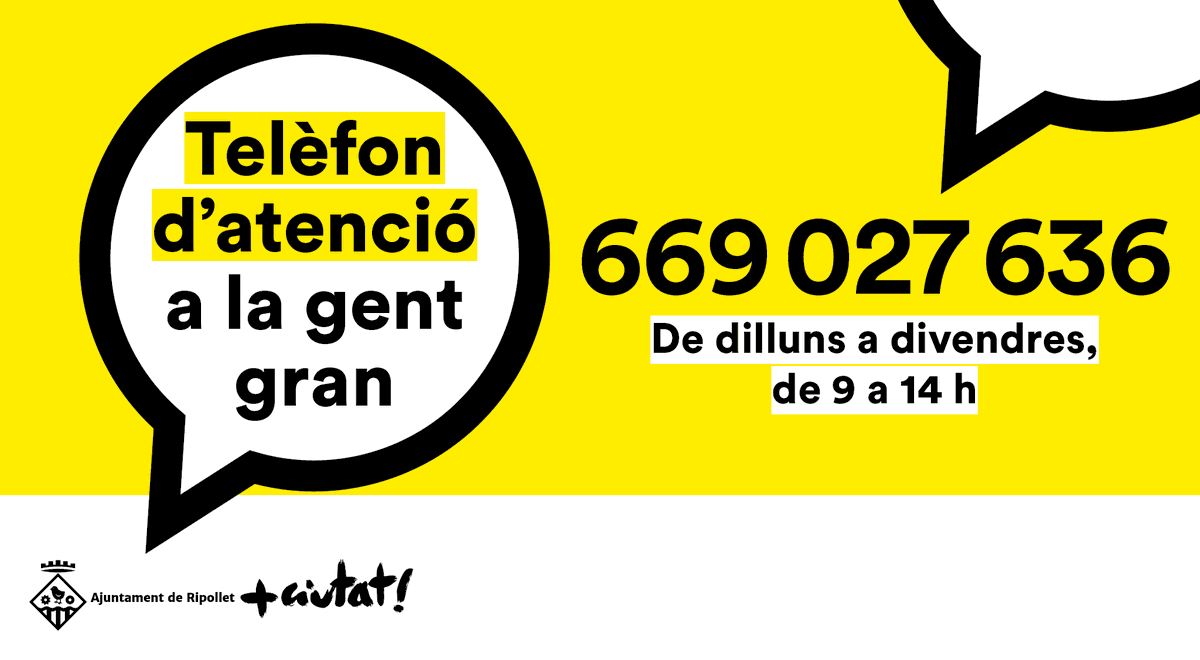 AjRipollet's tweet photo. L'Ajuntament de #Ripollet, a través de Drets Socials, manté habilitat un telèfon exclusiu que la #gentgran pot utilitzar per a fer consultes i demanar informació sobre els serveis que se'ls ofereix. #PladeXocRipollet

📱669 027 636
🗓️ De dilluns a divendres
⌚️De 9 a 14 h https://t.co/Q5ooa646fL