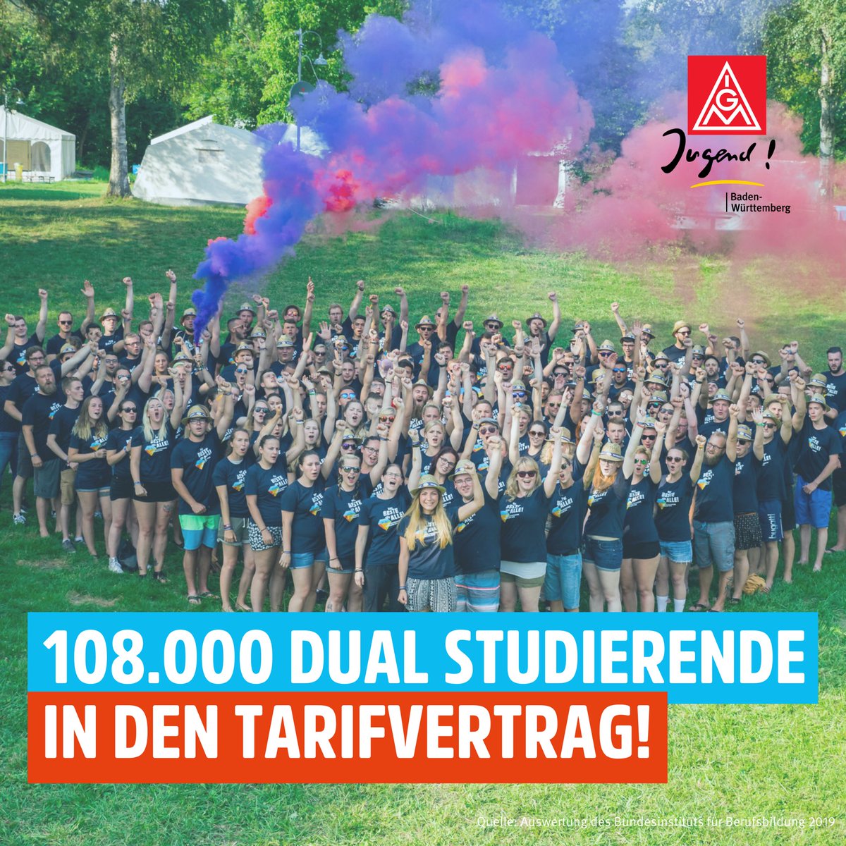 Laut BIBB gab es 2019 über 108.000 eingeschriebene Dual Studierende.
Es wird höchste Zeit, dass diese auch endlich unter die Tarifverträge fallen!

Lasst uns Solidarität leben und die jungen Menschen nicht alleine stehen!

#igm #igmjugend #igmetalljugend