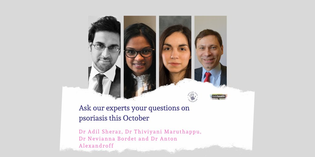 Opening next week. Ask our experts <a href="/DrAdilSheraz/">Dr Adil Sheraz</a> , <a href="/your_skin_dr/">Dr Anton Alexandroff</a>, Dr Thivi Maruthappu and Dr Nevianna Bordet your questions on #psoriasis via <a href="/talkhealth/">talkhealth</a> between 19--22 October. Log on here buff.ly/3jZh5YO