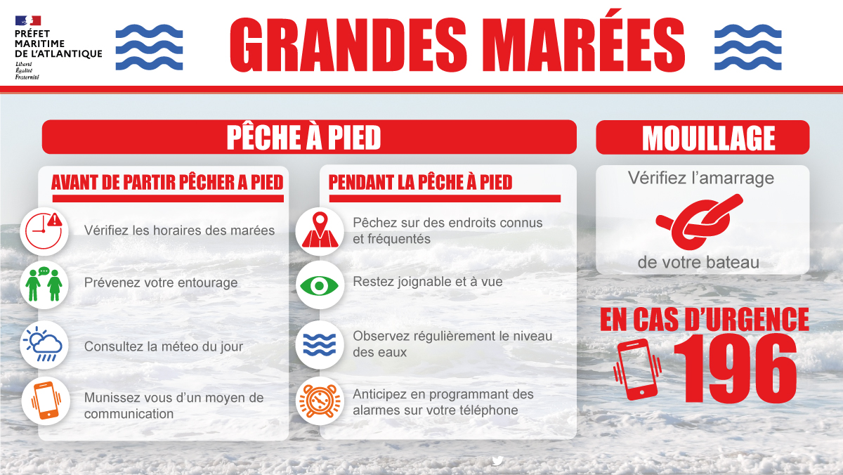 premar_ceclant's tweet photo. 🔴[#GrandesMarées] ⚠️⚠du vendredi 16 au mardi 20 octobre, ce sont les #GrandesMarées.

Prudence en mer et sur la côte ! Pour votre sécurité, appliquez ces bons conseils et, en cas d'urgence, un seul réflexe : 📞1⃣9⃣6⃣

Soyez prudents ! https://t.co/jusswfKmKp