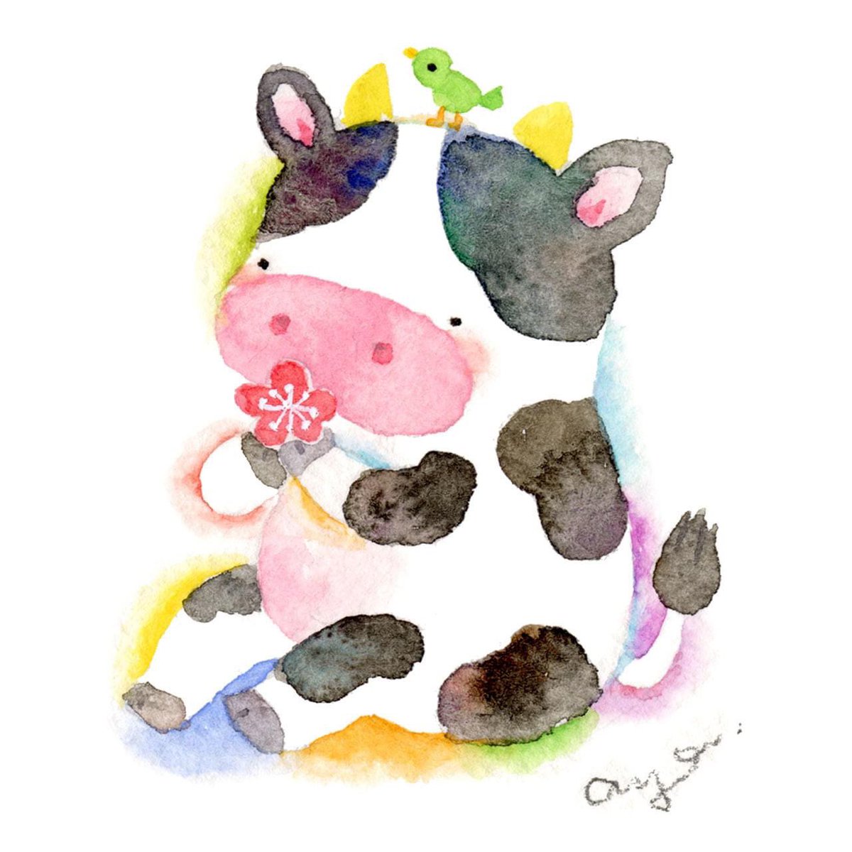 こばやしあや Tren Twitter 来年の干支のうしちゃんを描いてみました 絵 水彩画 水彩 透明水彩 イラスト Drawing Illustration Watercolor Art うし 丑年 もーちゃん