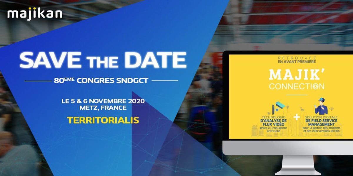 [SAVETHEDATE] Rejoignez-nous au salon #Territorialis les 5 et 6  novembre à Metz et découvrez notre plateforme digitale de gestion des services et des interventions terrain, ainsi que notre solution d'intelligence artificielle pour la vidéosurveillance. buff.ly/30ET4OS