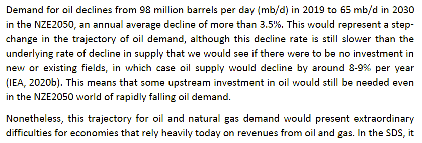 6. The oil "decline rate is still slower than the underlying rate of decline in supply ... means that some upstream investment in oil would still be needed even in the NZE2050 world of rapidly falling oil demand."This will annoy some people, but this is the same with the IPCC!