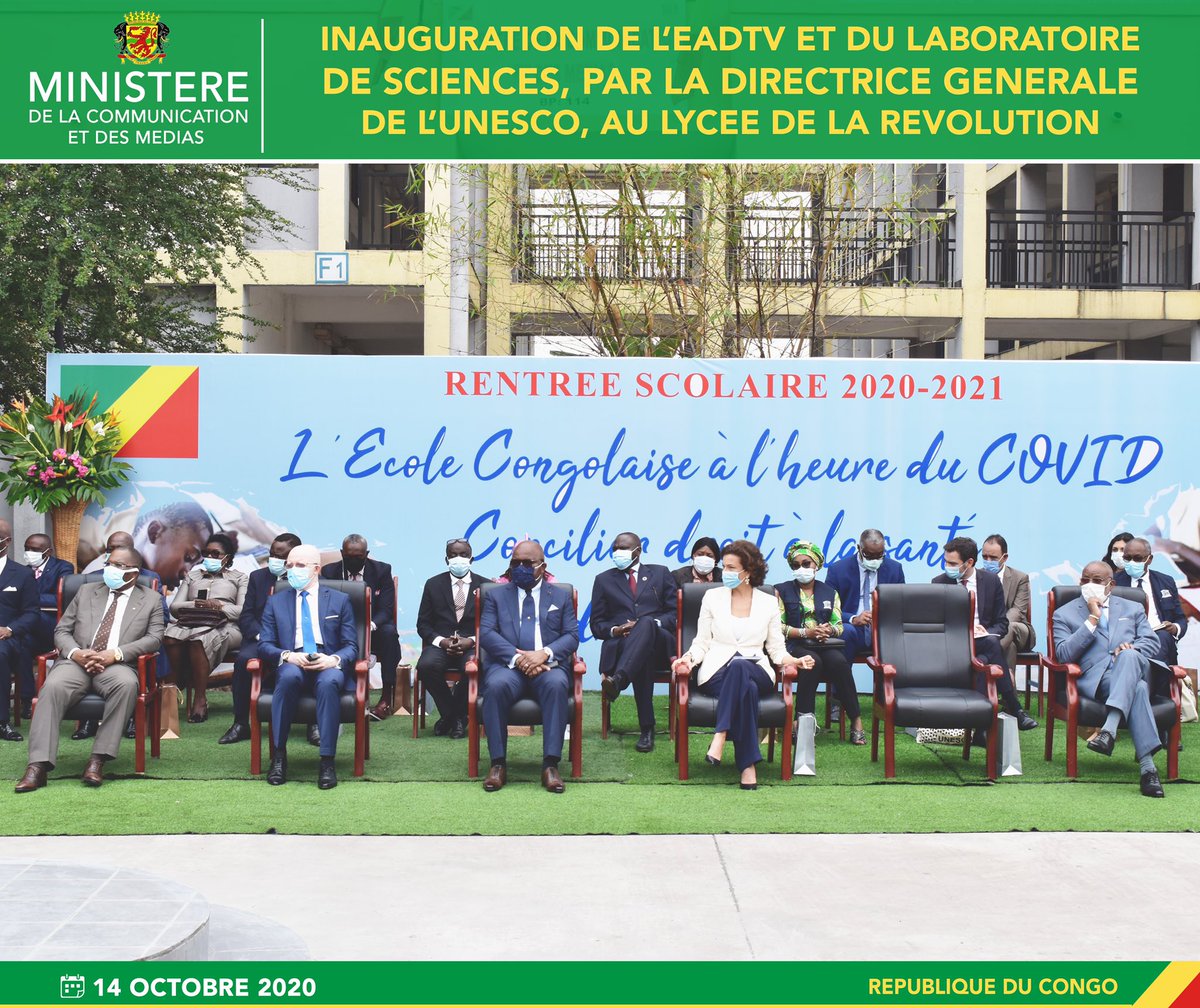 MinistereComCG's tweet photo. La DG de l’@UNESCO_fr, Mme @AAzoulay, a procédé ce 14 octobre 2020, comme annoncé en début de semaine, à l’inauguration de la WEB-TV "l’école à domicile" #EADTV et d’un laboratoire de sciences installés dans les locaux du Lycée de la Révolution avec l’appui de l’UNESCO. https://t.co/cE5lyeLxU0