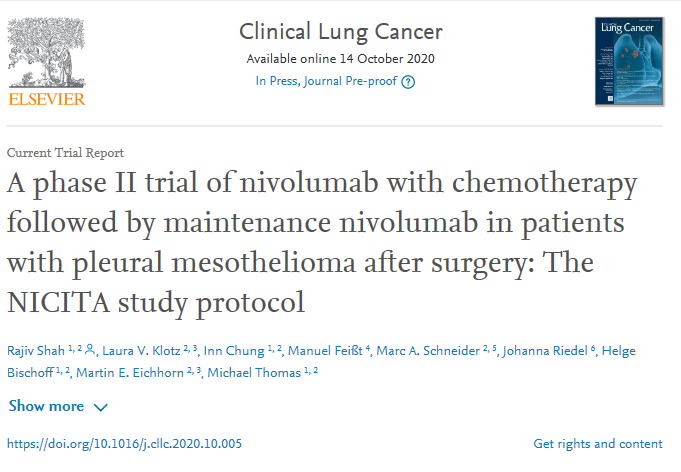 💡Our #NICITA Protocol paper is just out🚀 (pre-proof). A phase II trial of #nivolumab with chemotherapy followed by maintenance nivolumab in patients with pleural #mesothelioma after surgery. sciencedirect.com/science/articl… 
<a href="/Thoraxklinik/">Thoraxklinik</a> <a href="/NCT_HD/">NCT Heidelberg</a> <a href="/curemeso/">Mesothelioma Applied Research Foundation</a> <a href="/iMig_Meso/">iMig 2025</a> <a href="/meso/">Toshihiro Shimizu</a>