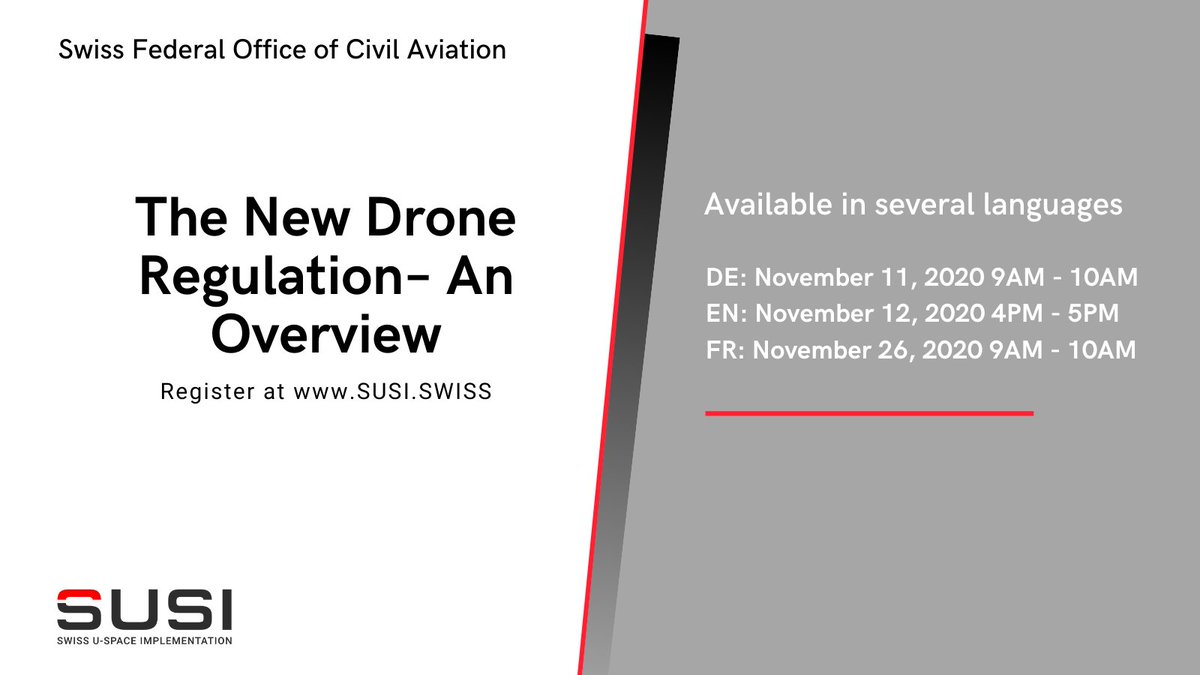 swiss_uspace's tweet photo. Don't forget to register for the webinar "The New Drone Regulation – An Overview” to learn more about the new laws that will come into force in Switzerland : https://t.co/3MTZ4KAltj
#swisstech #drones #innovation #uspace https://t.co/8cgpfcTpkP