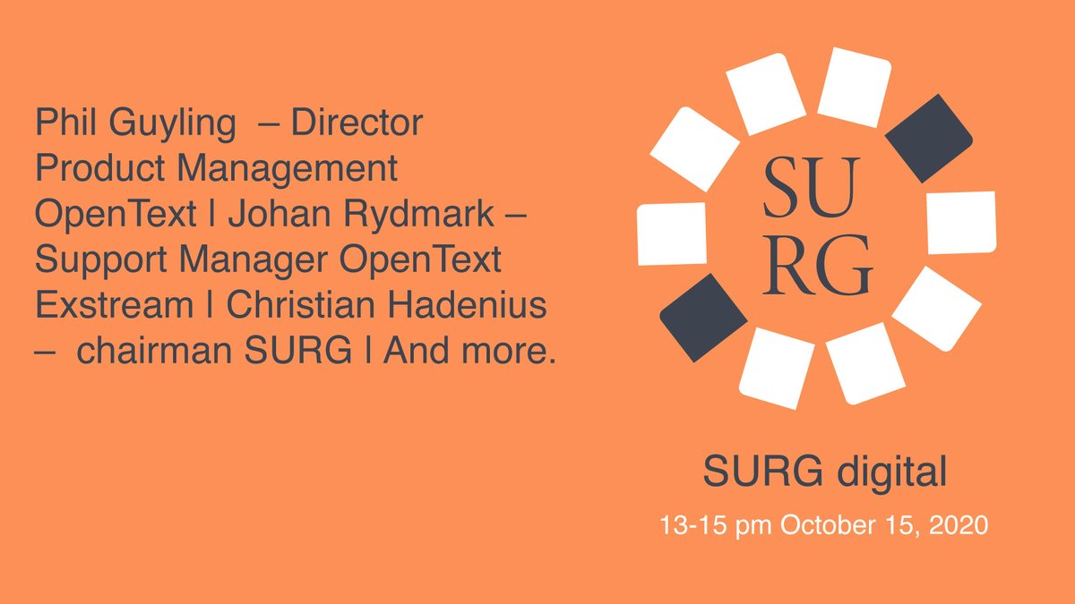 Swedwise's tweet image. Missa inte SURG digital kl 13-15 idag! Vi ser fram emot att utbyta idéer samt dela med oss av förslag för att du skall få ut så mycket nytta som möjligt ur dina @opentext produkter.  #surgnordic #opentext  #maketimeforthegood  #swedwise bit.ly/2H6gl5C