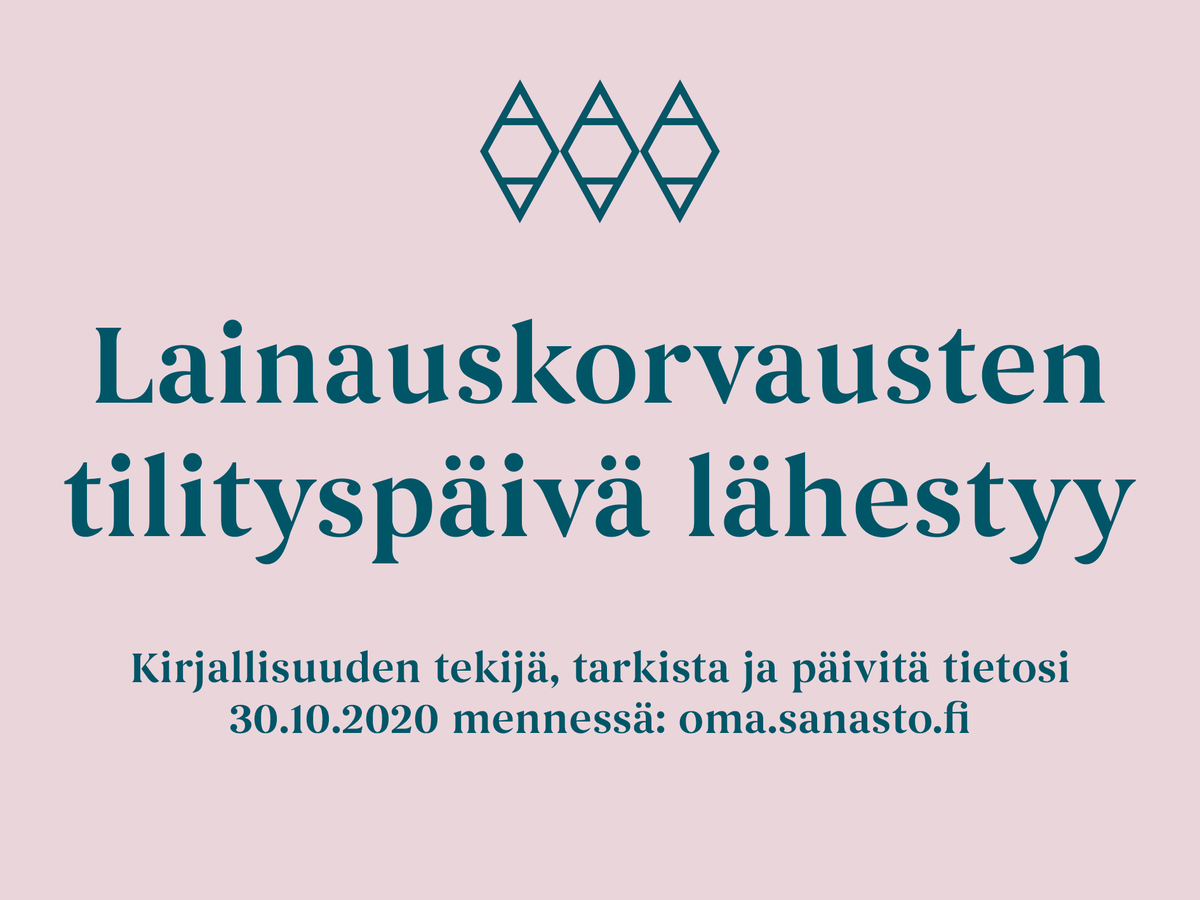 SanastoInfo's tweet photo. Joulukuun tilitys koittaa pian! 1.12.2020 maksetaan ensimmäiset lainauskorvaukset vuoden 2019 kirjastolainoista. Lainauskorvausta maksetaan 26 senttiä per laina. Kirjallisuuden tekijä, tarkista tietosi 30.10. mennessä: https://t.co/YVqMYAkI3F. #tilitys #lainauskorvaus https://t.co/jmkKKmwXXG