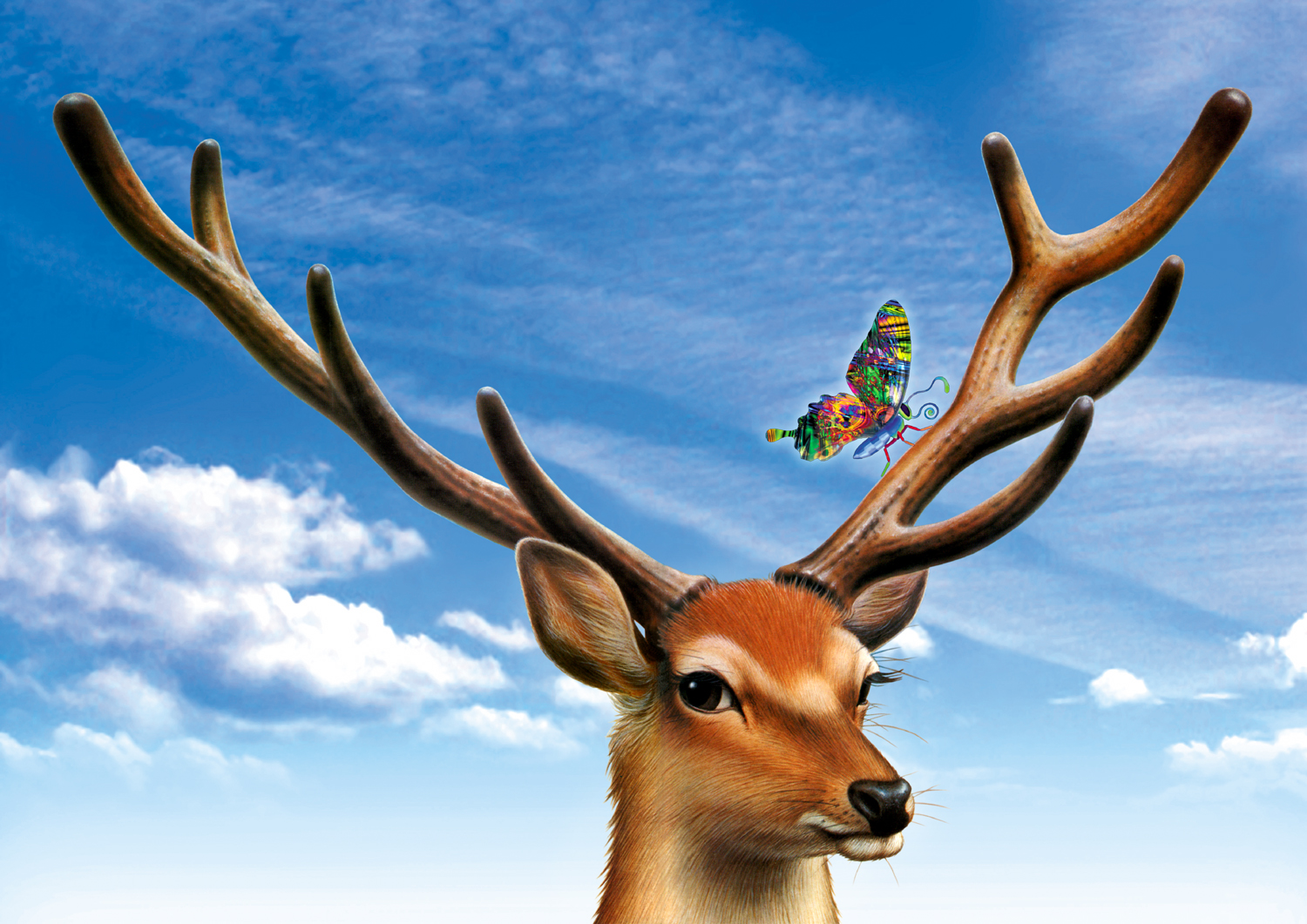 外園 勉 アートの職人 No Twitter シカと蝶のイラストを組み合わせて新しい作品にしてみました 30年前の手描きのシカと 2年前に撮影した空と 今年創作した蝶 を使って時を越えた作品です 鹿 科学絵本 リキテックス リアルイラスト レタッチ デジタル