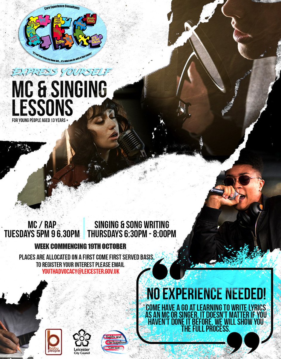Check out the below opportunity! Our music sessions are back :)! MC &amp; Singing lessons starting next week! book your place by emailing youthadvocacy@leicester.gov.uk No experience needed and we would love to see some new faces #virtuallearning #Singing #rapper #GetInvolved