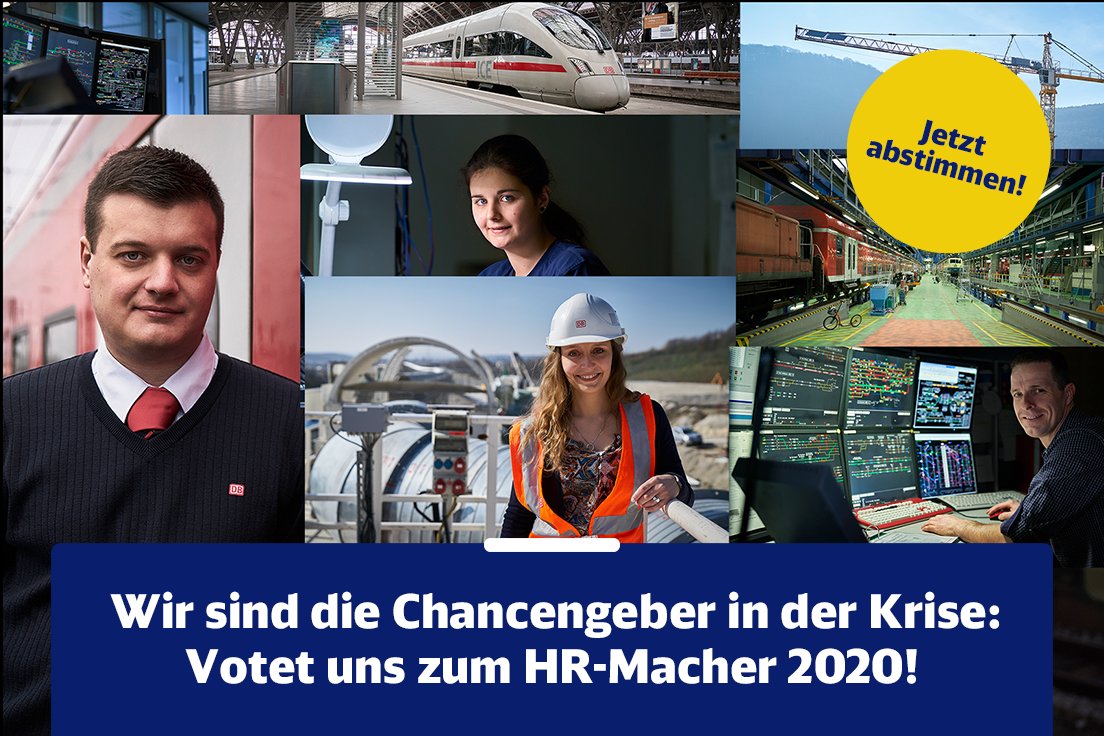 Abstimmen nicht vergessen: bit.ly/33WN863. Votet uns zum #HR-Macher 2020! In Zeiten der Unsicherheit schaffen wir #Jobsicherheit und werden zum #Chancengeber. Mit neuen, innovativen und virtuellen Maßnahmen passten wir die #Personalgewinnung der #DB an die Situation an.