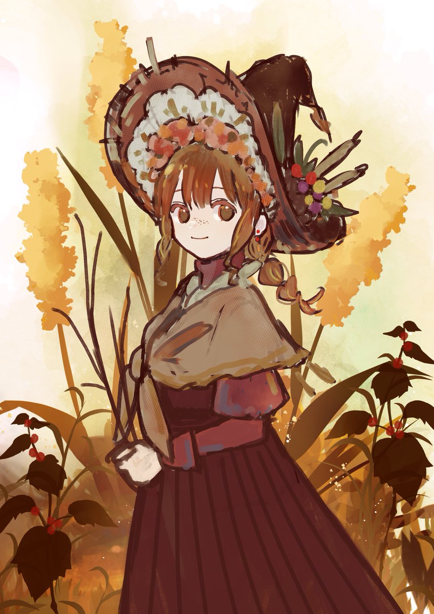 1girl solo hat brown hair wheat brown eyes flower  illustration images