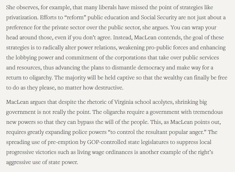 It's not simply the neoliberalism of outsourcing, privatization and shrinking the state.The US Libertarian billionaire project - now playing out in the UK as well as the US - is nothing less than a permanent alteration power relations: dismantle democracy & install  #oligarchy.