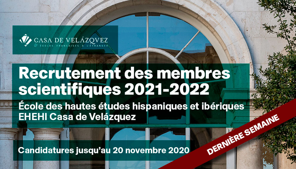 casadevelazquez's tweet photo. ⏳⏳⏳⏳⏳📣#Candidatures #EHEHI
➡️RECRUTEMENT des #membres à l’École des hautes études hispaniques et ibériques pour l’année 2021-2022
📅🕔Jusqu'au vendredi 20 novembre 2020- 13h (heure de Madrid)
🌐https://t.co/J2EQcAdcuM
#12mois #17postes #Doctorants #Postdoctorants #SHS https://t.co/ViALa0FH9T