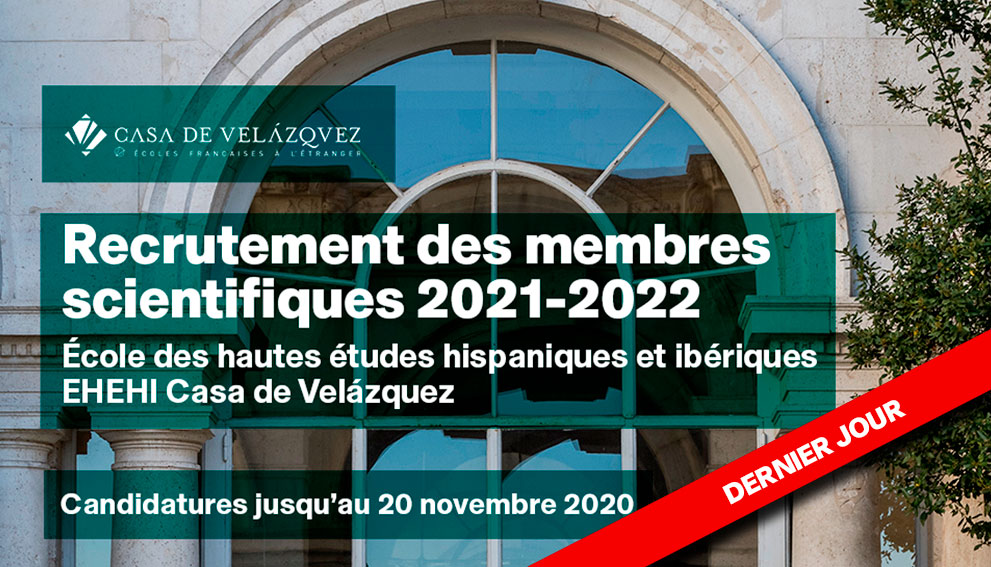 casadevelazquez's tweet photo. ⏳⏳⏳⏳⏳📣#Candidatures #EHEHI
➡️RECRUTEMENT des #membres à l’École des hautes études hispaniques et ibériques pour l’année 2021-2022
📅🕔Jusqu'au vendredi 20 novembre 2020- 13h (heure de Madrid)
🌐https://t.co/J2EQcAdcuM
#12mois #17postes #Doctorants #Postdoctorants #SHS https://t.co/zlCmIezlx3