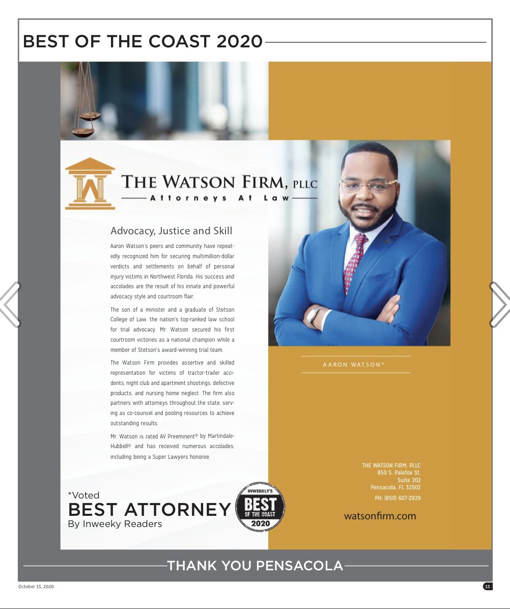 Thank you, Pensacola! You cast over 20,000 votes, and voted our founder, Aaron Watson, “Best Attorney” in the 2020 Best of The Coast Awards. We are humbled and grateful. 

Follow Attorney Watson on FB/IG: Aaron Watson (8,000+)