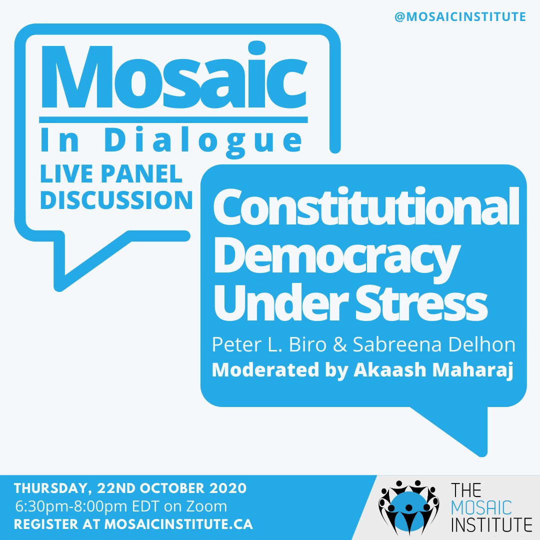 (1/2) Democracy has triumphed in the debate of ideologies.  Yet everywhere, democracies are in crisis.

I will moderate Peter Biro &amp; <a href="/SabreenaDelhon/">Sabreena Delhon</a> at @DXCSummit on "Constitutional Democracy Under Stress".

22 Oct 2020, 18h30 EDT / 22h30 UTC

Register maharaj.ca/democracyx 🌐