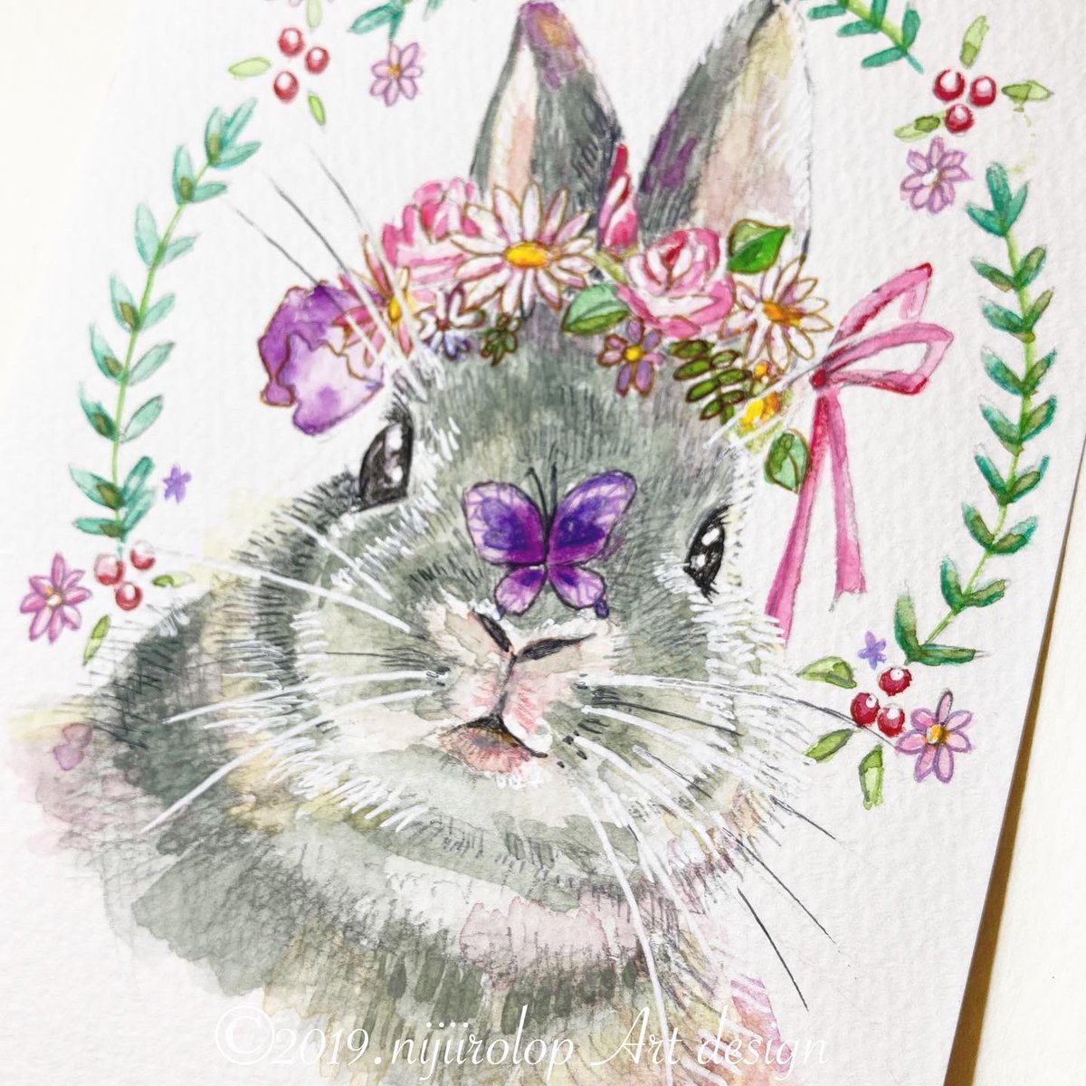 Nijiirolop うさぎ 動植物 Art 花うさぎ マーガレット 花の香りに誘われて 水彩画 色鉛筆 ペン画 マーガレットの花言葉 誠実 安らぎ 心に秘めた愛 真実の友情 動物イラスト ペットイラスト うさぎイラスト T Co