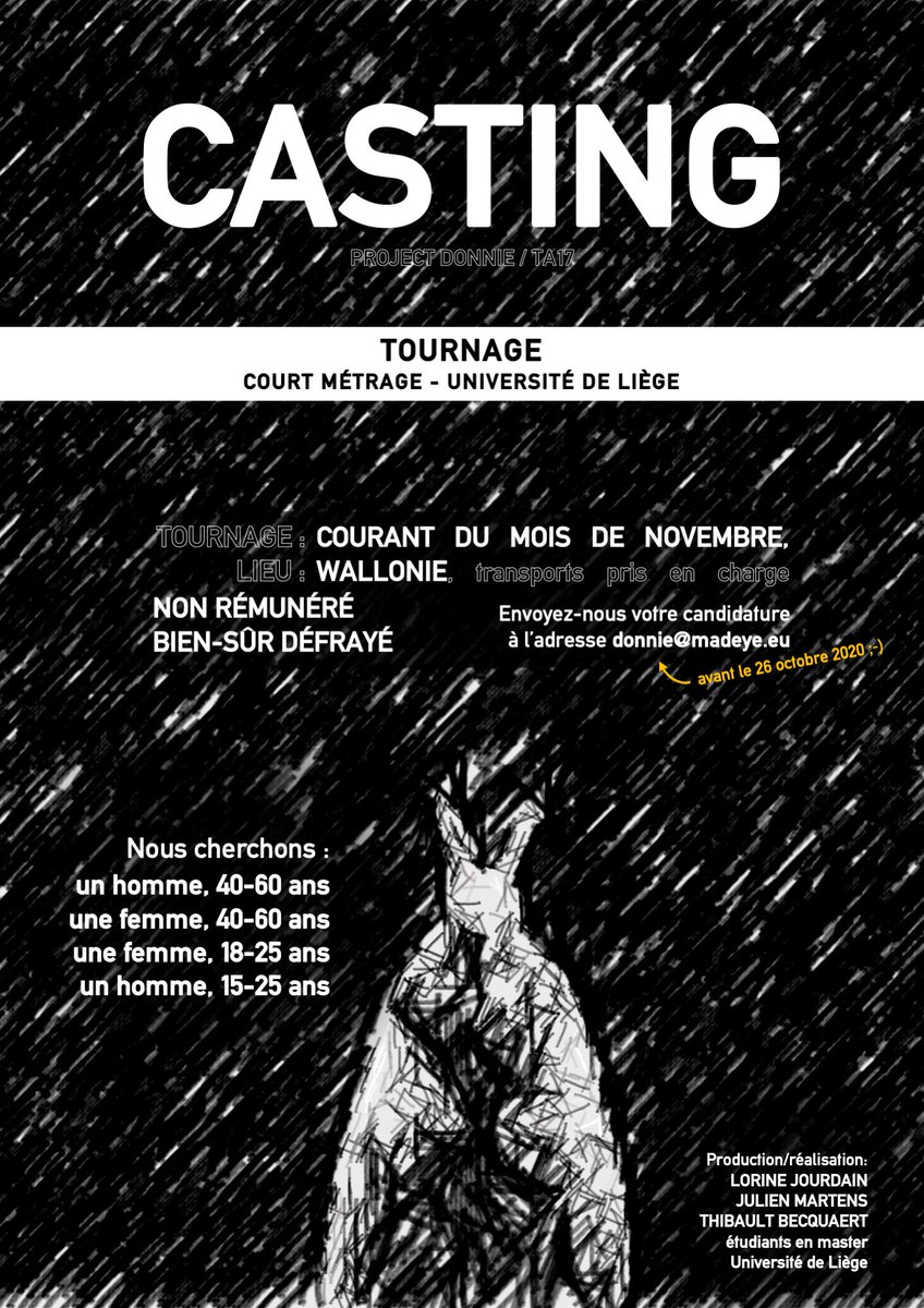 madeye_brussels's tweet photo. #CASTING 👁️ #student #shortfilm @UniversiteLiege
Madeye is looking for: a father (40-60), a mother (40-60), a teenage/student man (15-25) and his elder sister (18-25)
Planned shooting: November 2020 in Wallonia, Belgium.
Apply through donnie@madeye.eu before 26.10! https://t.co/y6rqLGJtaH