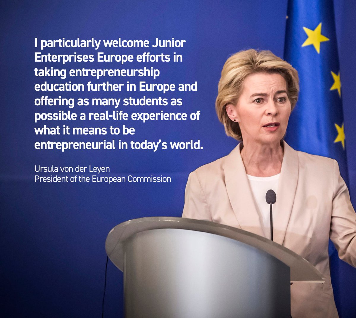We are happy and proud to be recognised by Ursula von der Leyen, the President of the European Commission. 
For us, this represents a very important sign of support, demonstrating the continuous success of the JE concept towards its goals.