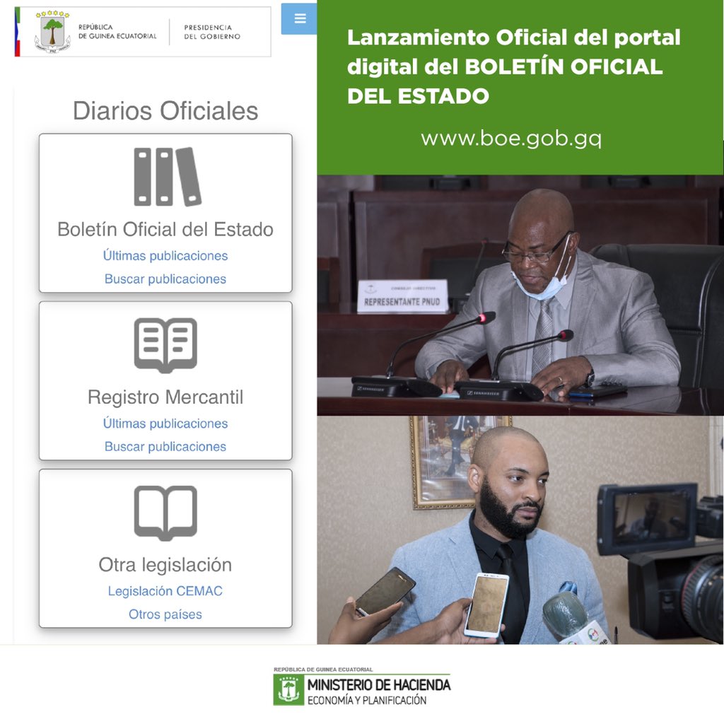 Lanzamiento Oficial del portal digital del Boletín Oficial del Estado de Guinea Ecuatorial. Más en 👉 bit.ly/2SHD7mY #BOE #guineaecuatorial #transparencia #digitalizacion <a href="/FMInoticias/">FMI</a> <a href="/AfDB_Group/">African Development Bank Group</a> <a href="/cniapge/">Cniapge Guinea Ecuatorial</a>