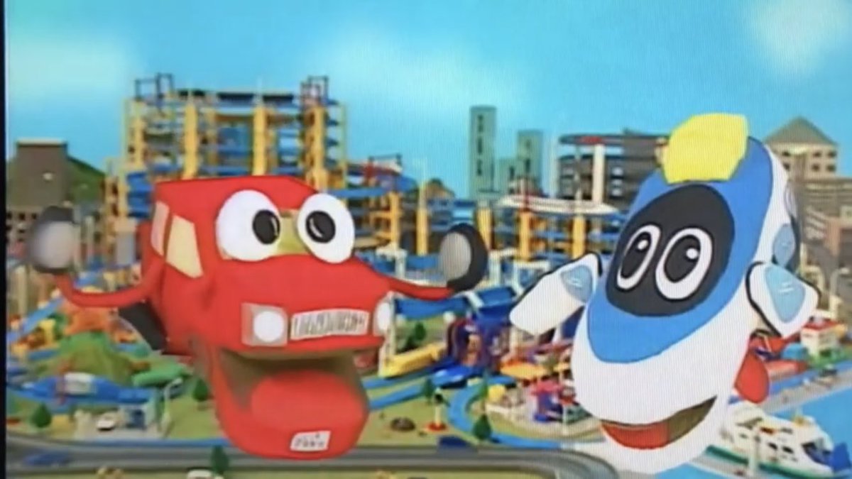 てぃある トミカのトミカくん 左 とプラレールのプラレくん 右 とかいういくらなんでも名前にひねりが無さすぎる奴ら 00年と01年の進行役