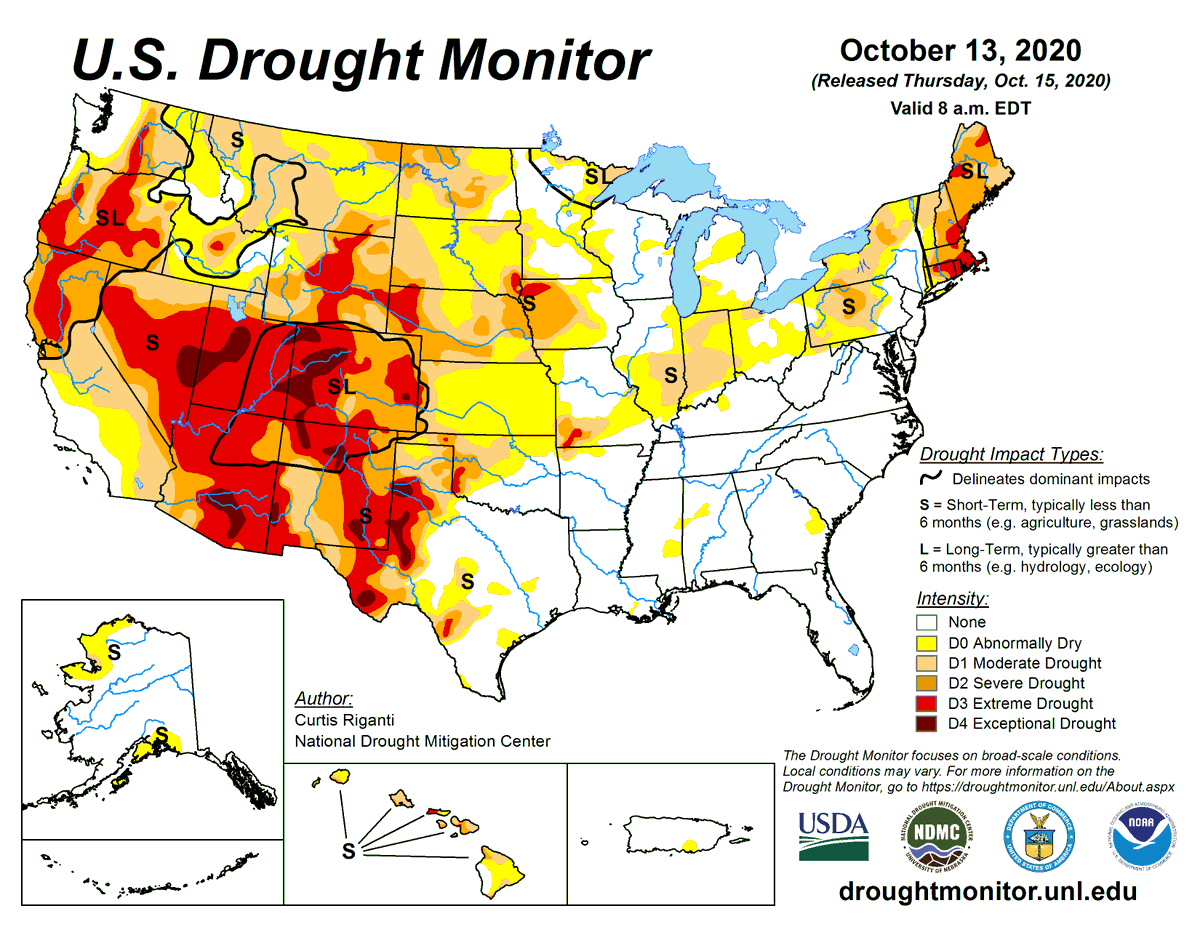 NOAADrought's tweet photo. #DroughtMonitor 10/13: #Drought2020 isn’t just widespread. It’s intense.

39.3% of the USA is in #drought.

14.1% is Extreme or Exceptional Drought (D3-D4)

That’s the most drought in the USA since Sept 2013 and the most D3-D4 since April 2013.

See https://t.co/mljsjQV6D9 @NOAA https://t.co/DRHB6Qjd5l