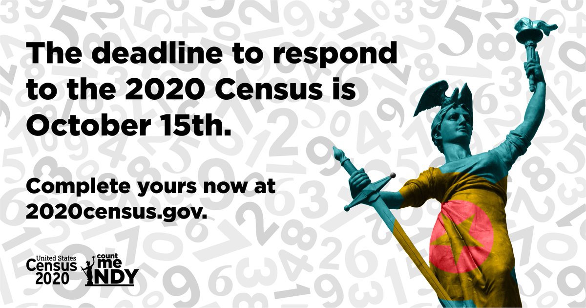 EmployIndy's tweet photo. The deadline to respond to the #2020Census is TODAY, so do it now by visiting https://t.co/a8WwS8eBZX or by calling (844) 330-2020. Remember, everyone counts in the #census, regardless of immigration status. Whoever you are, wherever you’re from, YOU COUNT! #CountMeINdy https://t.co/Vr8ofZxaRl