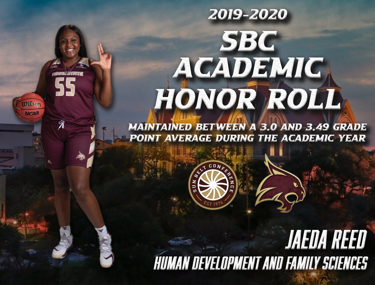 TXStateWBB's tweet photo. Congratulations to our players who made the Sun Belt Conference Academic Honor Roll during the 2019-2020 academic year!! 🐾😼 #EatEmUp #PlayHardStudyHard
@shawtyhoops @jaeda_reed @Avionnnee https://t.co/S4cQ4LQhNO