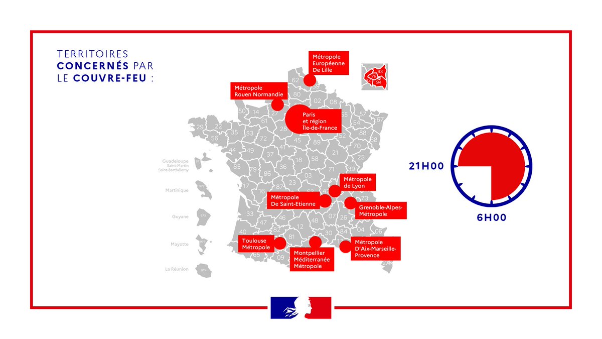 JeanCASTEX's tweet photo. #COVID19 | Le couvre-feu s’établira de 21h00 à 6h00 du matin. Cela signifie qu’à 21h00, chacun devra être chez soi, et que, sauf exception, tous les lieux, commerces ou services recevant du public seront fermés. https://t.co/Qt7MA7QzVd