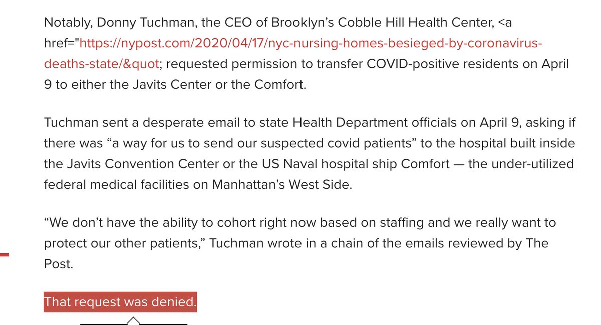 Nursing homes took Cuomo's order literally and accepted COVID-positive patients. When nursing homes asked the state if they could send some of these patients to the overflow beds at the Javits Center, the state said "no."  https://nypost.com/2020/10/14/cuomo-says-ny-hospitals-were-never-overwhelmed-at-covid-19-peak/