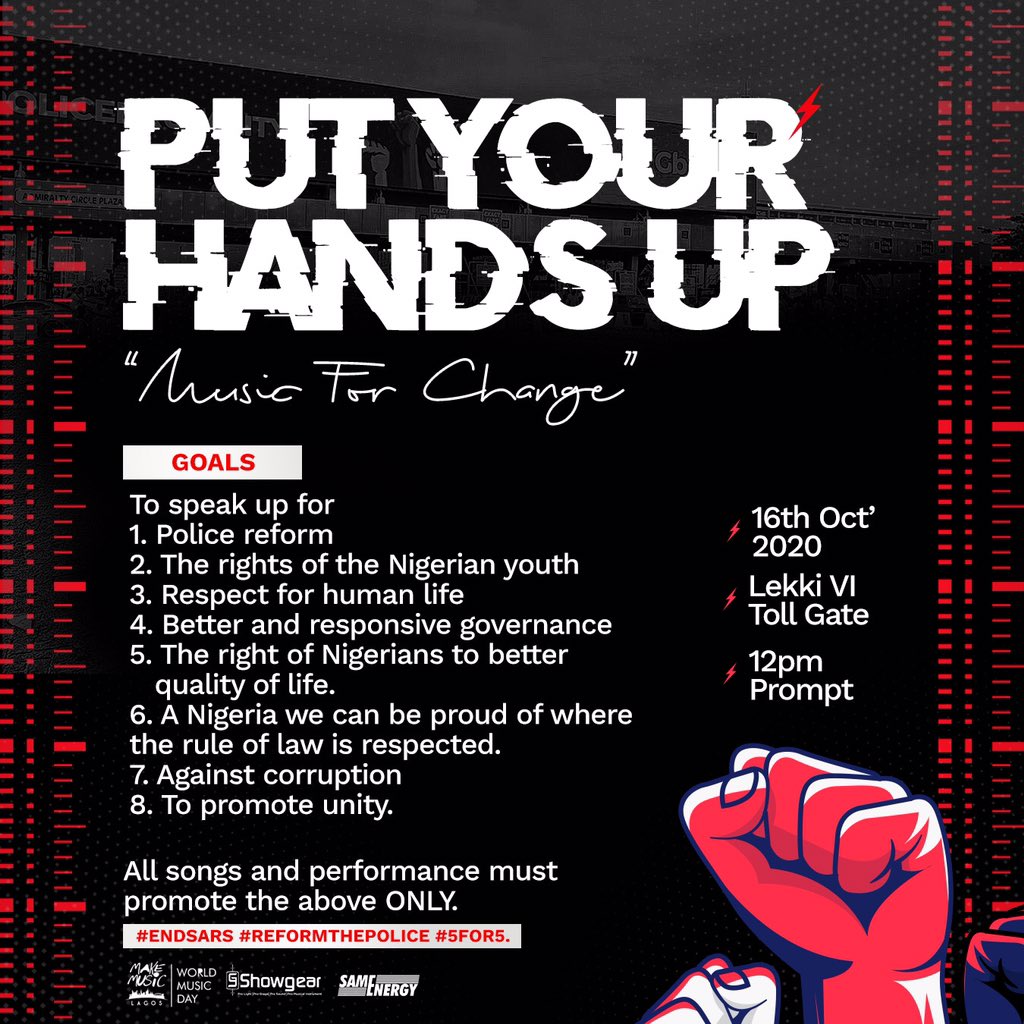 bolutifeawakan's tweet photo. Music is a an undisputed tool for change. Let’s stand for what is right. Lend your voices! Let’s recreate the nation of our dream. Retweet! #musicasatoolforchange #reformthepolice #endswat #5for5 #mml2020 https://t.co/evsevYvaur