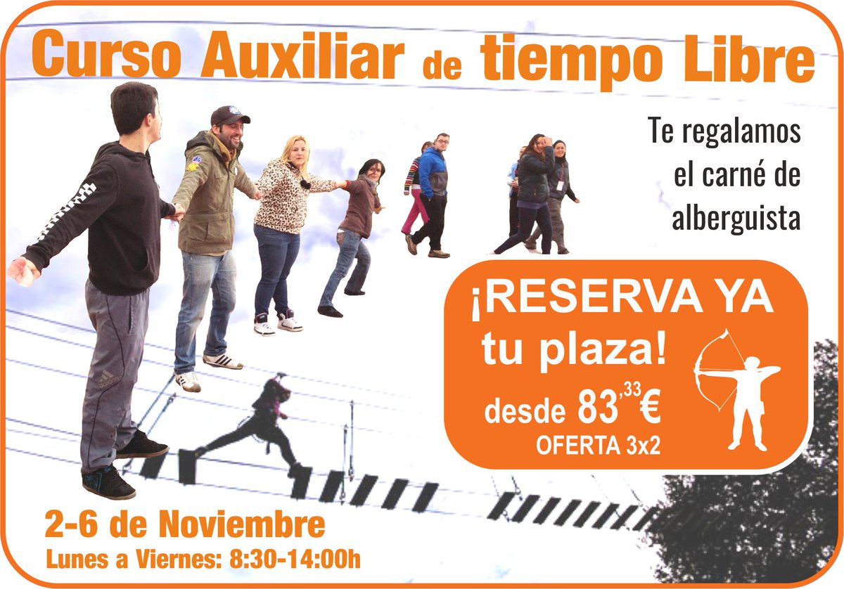 Curso AUXILIAR TIEMPO LIBRE en #albergueparadiso
Del lunes 02 al viernes 6 de Noviembre.
Un divertido curso desde 16 años. OFERTA 3x2.
Titulación Oficial 😃
Reserva ya en: albergue-paradiso.com/es/escuela-de-…
<a href="/AlberguesREAJ/">AlberguesREAJ</a> <a href="/jovenmania/">Jovenmania</a>