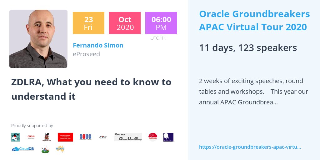 FSimonDBA's tweet image. Next week on 23/Oct at 10:00 (CEST) I will speak about #ZDLRA and #MAA for Oracle Groundbreakers APAC Virtual Tour 2020!

Is free and you can register here: …-apac-virtual-tour-2020.heysummit.com/talks/zdlra-wh…
 
#oraclegroundbreakersapacvirtualtour2020