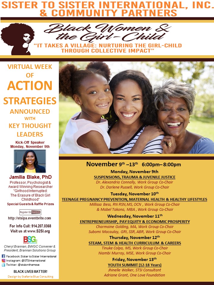 STSIonthemove's tweet image. Join us during the week of November 9th - 13th as we launch strategies to elevate the trajectory of  Black Women &amp;amp; Girls in Westchester related to health, education, justice and economic prosperity. Join us each night and find out how you can get involved stsipa.eventbrite.com