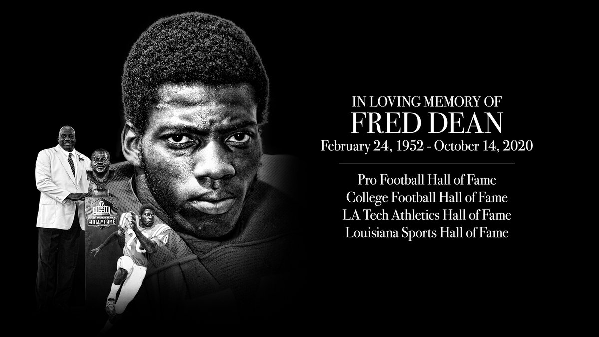 LATechFB's tweet photo. Our hearts and prayers go out to @LATechSports Hall of Famer Fred Dean's family, following Fred's passing yesterday evening. 

Fred's lasting legacy is the impact he made on those who knew him best. 

RIP, #70. 

https://t.co/KMl9vmsYR3 https://t.co/I8HXG3F0KJ