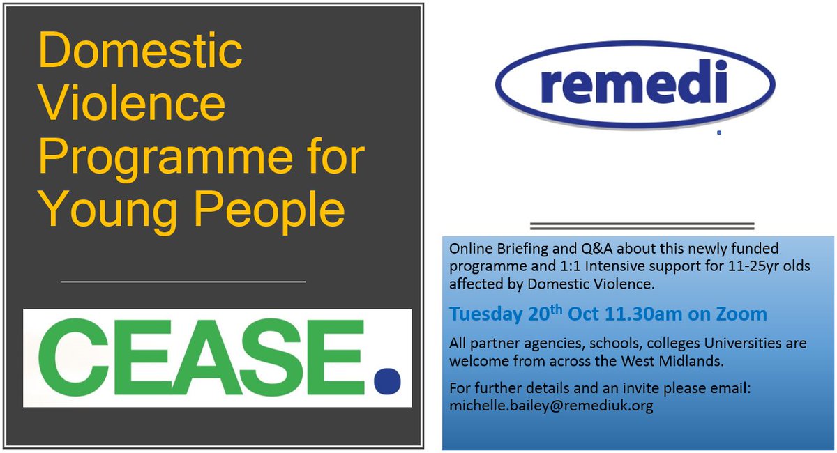 Restorative Justice (@westmidlandsrj) on Twitter photo Do you work with young people who may be at risk of Domestic Abuse? Want to help? Find out more about CEASE program via our live webchat Tues 20th Oct
<a href="/WMPolice/">West Midlands Police</a> <a href="/WestMidsPCC/">WestMidsPCC</a> <a href="/BrumPartnership/">Birmingham Partnerships</a> <a href="/BCWomensAid/">Black Country Women's Aid</a> <a href="/BarnardosBC/">BarnardosBC</a> Do you work with young people who may be at risk of Domestic Abuse? Want to help? Find out more about CEASE program via our live webchat Tues 20th Oct
<a href="/WMPolice/">West Midlands Police</a> <a href="/WestMidsPCC/">WestMidsPCC</a> <a href="/BrumPartnership/">Birmingham Partnerships</a> <a href="/BCWomensAid/">Black Country Women's Aid</a> <a href="/BarnardosBC/">BarnardosBC</a>