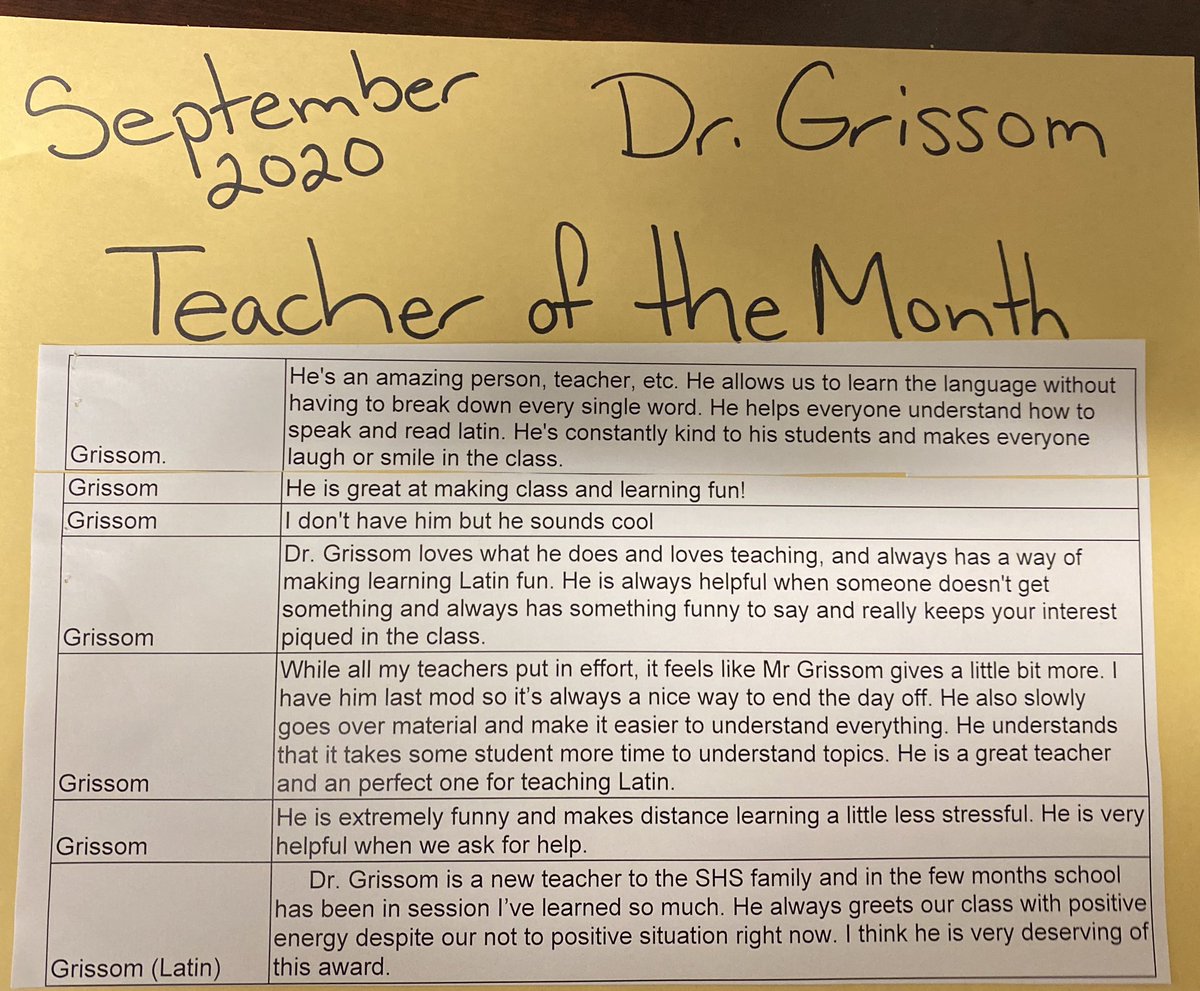Congratulations to Dr. Grissom, our new Latin teacher, for winning our September Staff Member of the Month. I loved what our kids said about him. Gratulationes Dr. Grissom. #wcpsmd