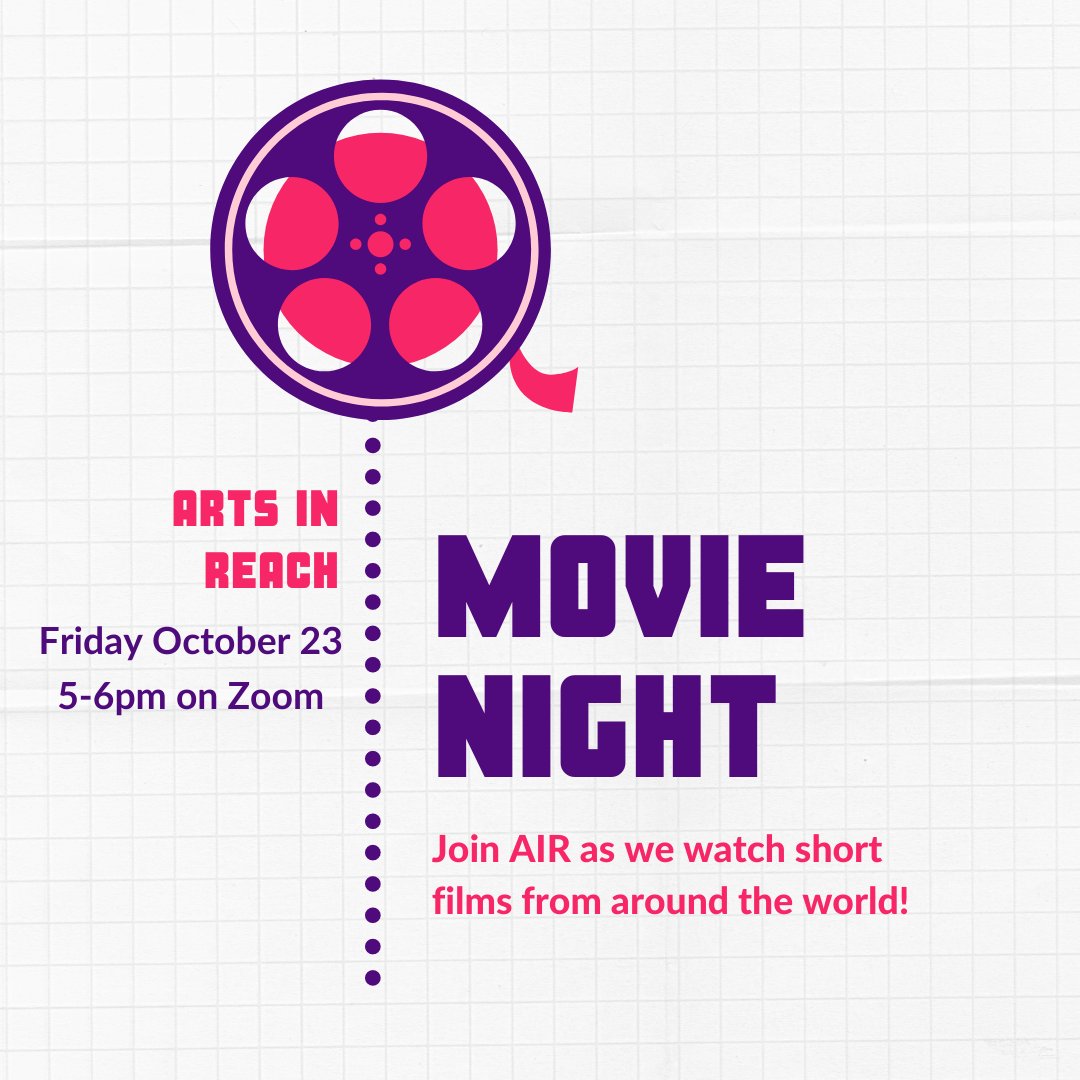 You’re invited to a movie night! Join AIR and professional filmmaker Catherine Stewart as we watch short films from around the world 🎥 🍿

Friday, October 23 from 5-6pm on Zoom. To register, email cara@artsinreach.org 🌟