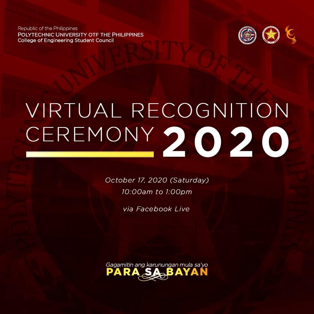 ThePUPCESC's tweet photo. Good day, CEAns!
Join us in our 1st Virtual Recognition Ceremony live on our Facebook page, to be held on October 17, 2020.
#CongratulationsCEABatch2020
#IskoNyeroNgBayan
#OneEngineering https://t.co/QHMXqP0bjj