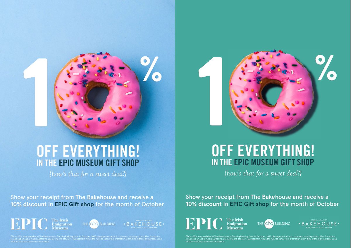 There is still time to get 10% off all products <a href="/EPICMuseumCHQ/">EPIC The Irish Emigration Museum</a> Gift Shop, by showing your <a href="/BakehouseIRL/">The Bakehouse</a> receipt.  Pick up some bespoke jewellery or browse through your favourite Irish novels after picking up Bakehouse lunch. 
#EPICMuseum Gift Shop - Monday to Friday, 12pm - 4pm.