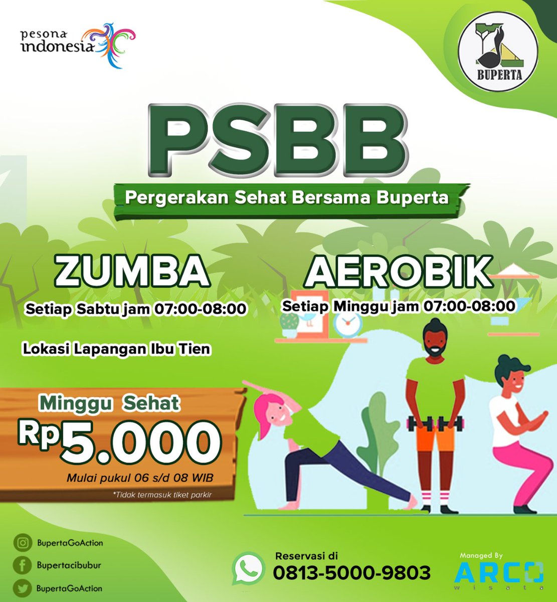 Bupertagoaction's tweet photo. Hai Sobat Bupers! Kabar Gembira PSBB (pergerakan sehat bersama Buperta bakalan ada di setiap weekend loh. dan pastinya ada kegiatan olaraga Zumba &amp; Aerobik di Lapangan Bu Tien Buperta, Luangkan waktumu untuk berolahraga ya sobat Bupers https://t.co/Bw0VzCbsjt