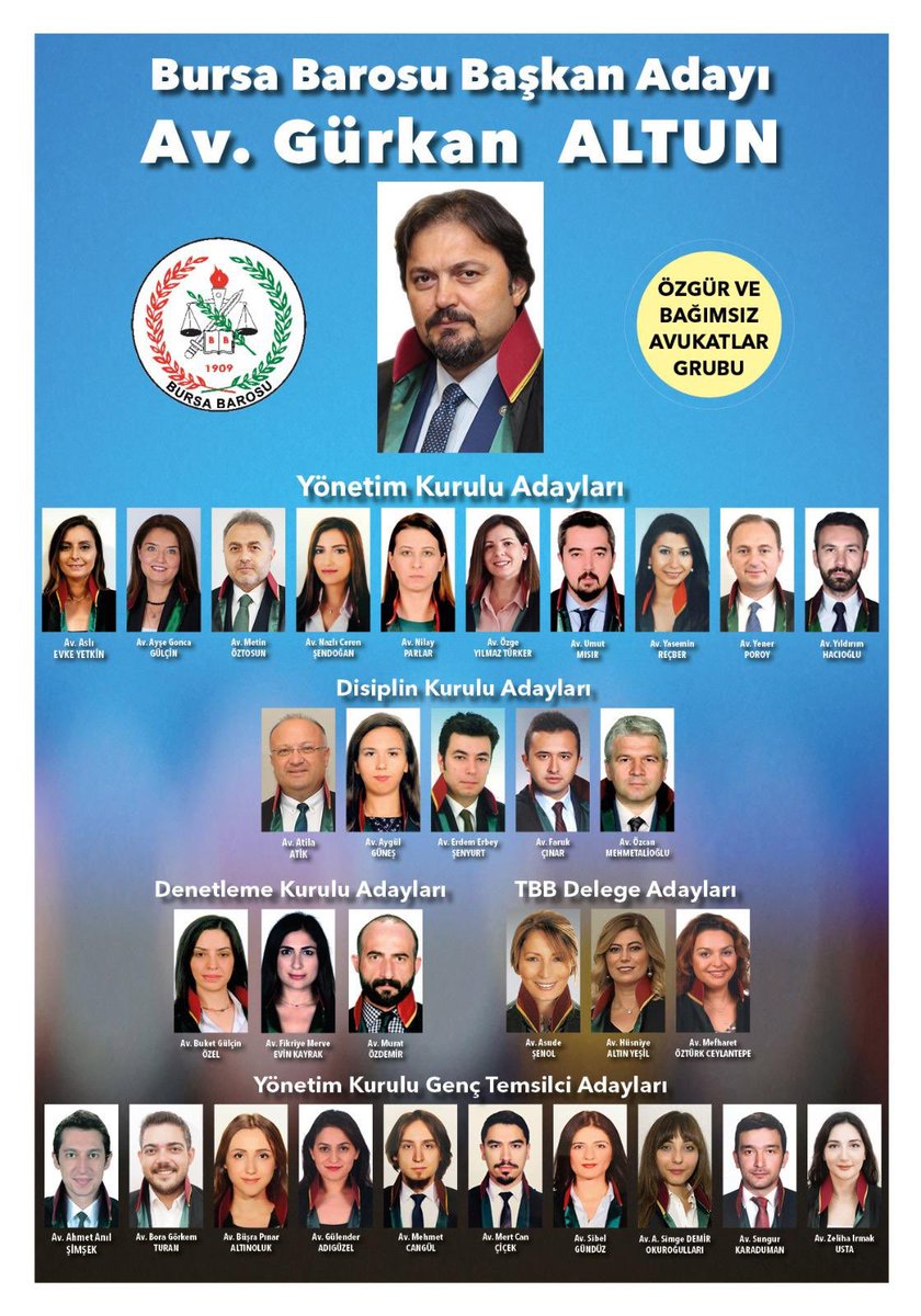gurkanaltun16's tweet photo. Sevgili meslektaşlarım; Barosu’nun 2020-2022 dönemi için aday olan çalışma arkadaşlarımı sizlere takdim etmekten büyük bir onur duyuyorum. Saygılarımla... #bursabarosu111yaşında #özgürvebağımsızavukatlargrubu #MeslektaştanMeslektaşa https://t.co/MJetk3aW0I