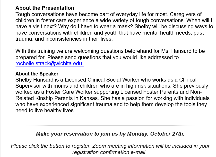 KsCaregiver's tweet photo. We have a few opportunities for Kansas Caregivers coming up! Please join us!  #Training #Kinship #Foster #PeerSupport 

Register for Training: https://t.co/PmXfItflhb
Register for Support Group: https://t.co/Tg7mZw5dwc https://t.co/eF5MvvzEgX